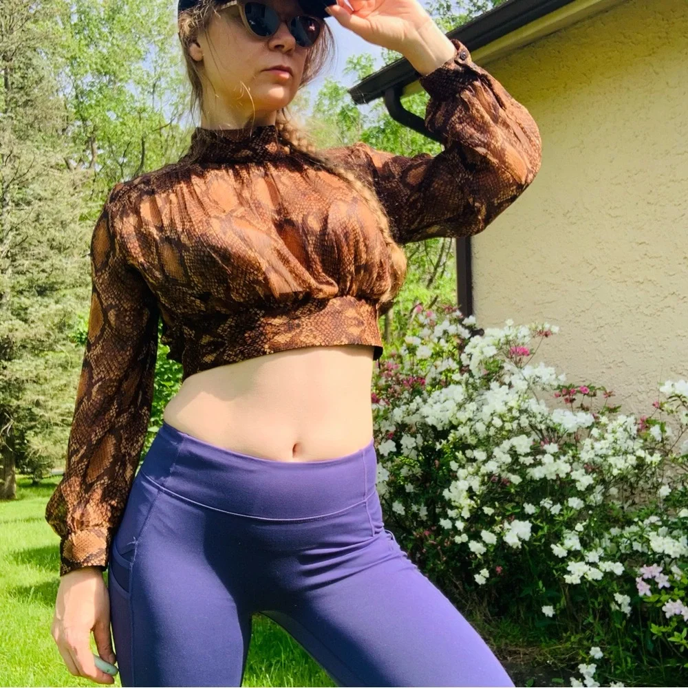 Zara Snake Gold Dramatic Balloon Sleeves Sheer Crop Top